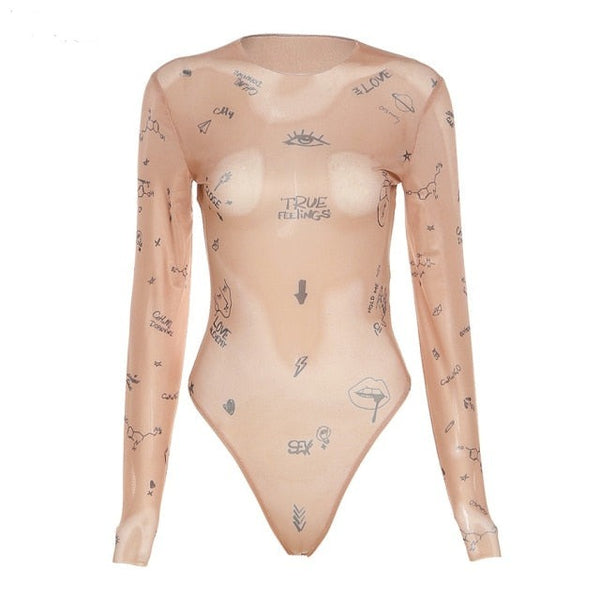 Streetwear Mesh Long Sleeve See Through Bodysuit